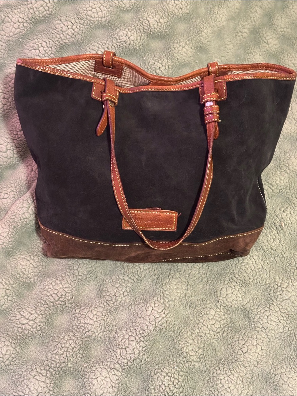 Dooney & Bourke Vintage Black Suede Tote with Brown Leather Trim